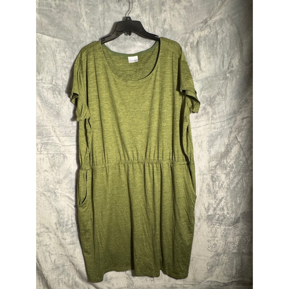 Columbia Womens 3X Green Heathered Knit Short Sleeve Pocket Dress Elastic Waist